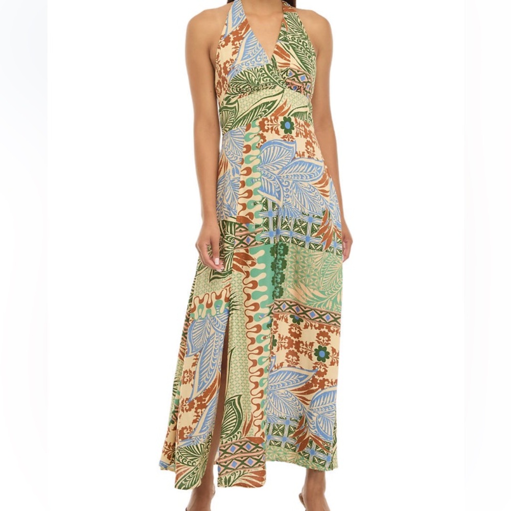 Vince Camuto Green Blue Brown Floral Halter Maxi Dress